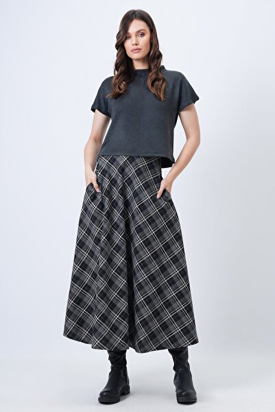Trend Alaçatı Stili Women's Black High Waist Plaid Patterned Midi Skirt Vs01718