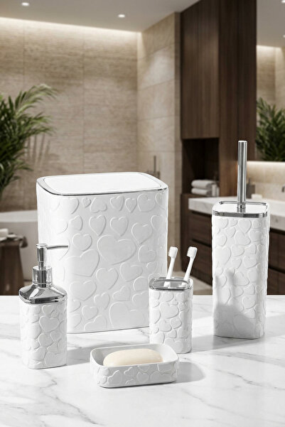 MAKRİ HOME طقم حمام 5 قطع، نمط قلب، فضي أبيض، مربع، غطاء قابل للطي، الحجم: 8 لتر