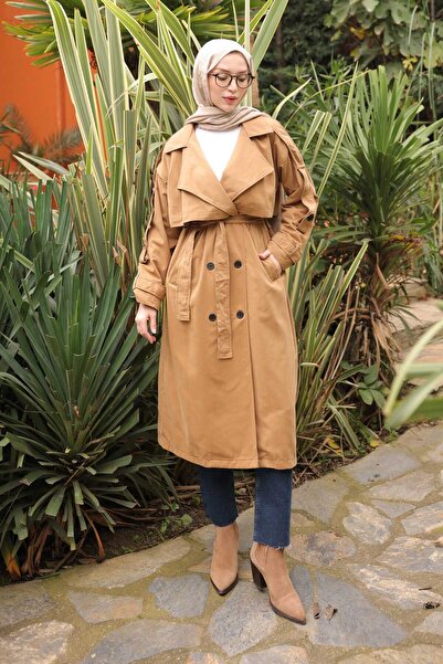 İmajButik Camel Double-Breasted Collared Lined Trench Coat