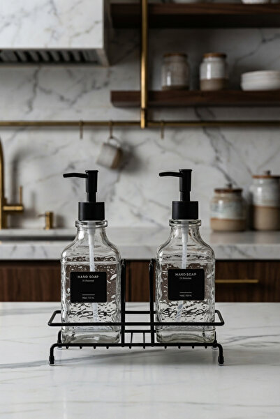 MAKRİ HOME Modern Kabartma Desenli Cam İkili Sıvı Sabunluk & Deterjanlık Seti, Siyah - 500 Ml Cam Sabunluk