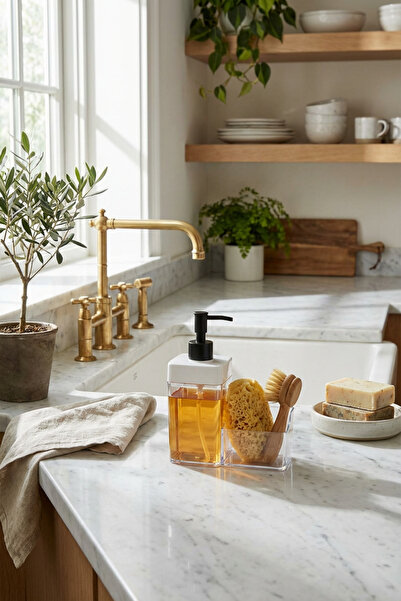 MAKRİ HOME Sıvı Sabunluk Süngerlikli, 2 Hazneli, 350 ml + 350 ml, Plastik