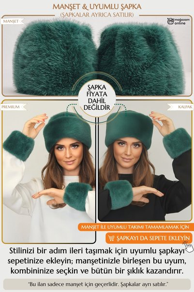 Mağazam Online Plush Faux Fur Oversleeve Fluffy Cuff Wristband - Vegan Mink Emerald Green