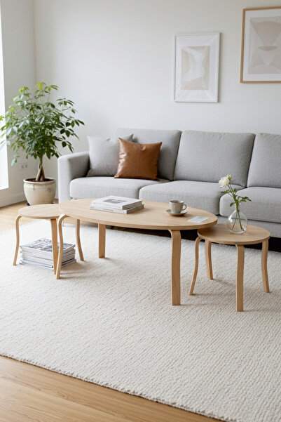 VİLİNZE Eva Ahşap 2+1 Yuvarlak Yavrulu Oval Orta Sehpa