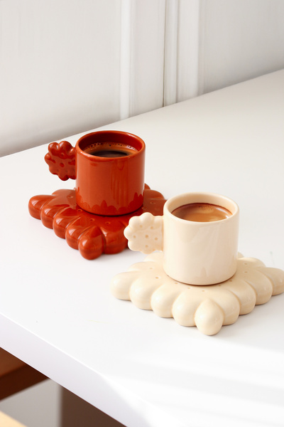 SİNEM YAMAN HOME طقم فناجين بسكويت بنكهة القرفة والفانيليا / طقم فناجين سيراميك مصنوع يدويًا