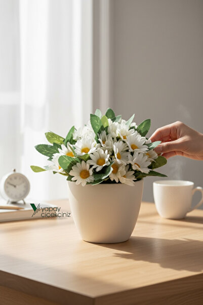 YAPAY ÇİÇEKÇİNİZ Beyaz Saksıda Yapay Papatya