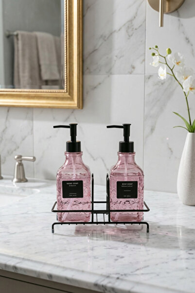 MAKRİ HOME Modern Kabartma Desenli Cam İkili Sıvı Sabunluk & Deterjanlık Seti, Pembe- 500 Ml Cam Sabunluk