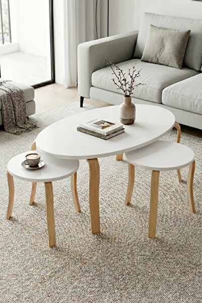 VİLİNZE Eva Ahşap 2+1 Yuvarlak Yavrulu Oval Orta Sehpa
