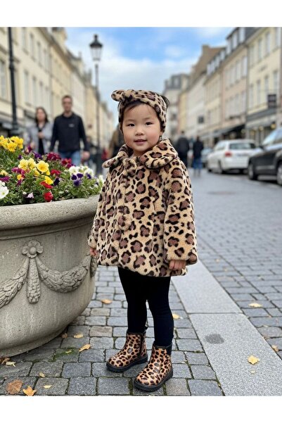 miaras baby Kız Bebek Bandanalı Leopar Desen Peluş Mont