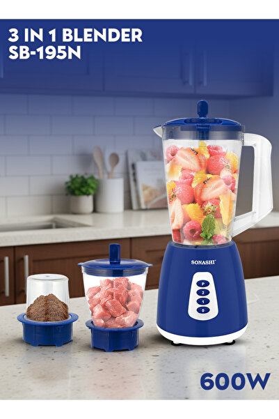 sonashi خلاط/مطحنة 3 في 1 بقوة 600 واط SB-195، وعاء سعة 1.8 لتر، أكواب للطحن والتقطيع، لون أزرق