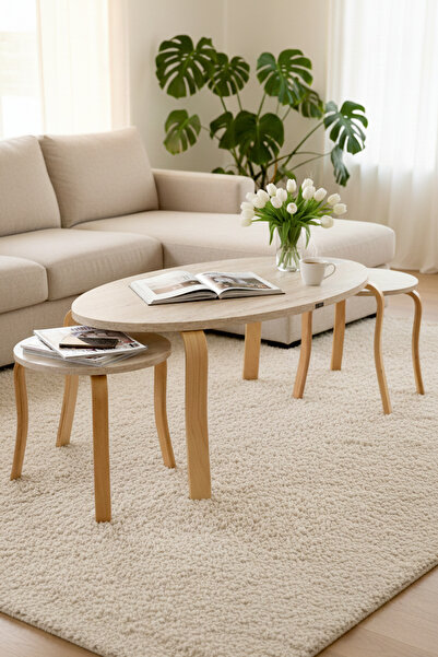 VİLİNZE Eva Ahşap 2+1 Yuvarlak Yavrulu Oval Orta Sehpa