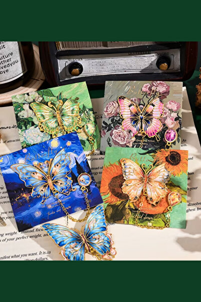 Kolbi Craft سلسلة منحوتة على شكل فراشة زرقاء ذهبية اللون، علامة كتاب معدنية ه...