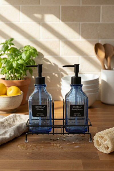 MAKRİ HOME طقم صابون سائل ومنظف زجاجي مزدوج بنمط مخطط عصري، أزرق - سعة 500 مل