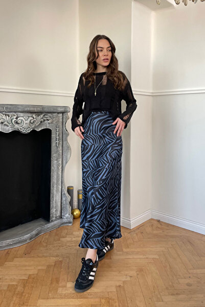 MAGARDE Fustă din satin cu model zebră cu talie elastică - albastră