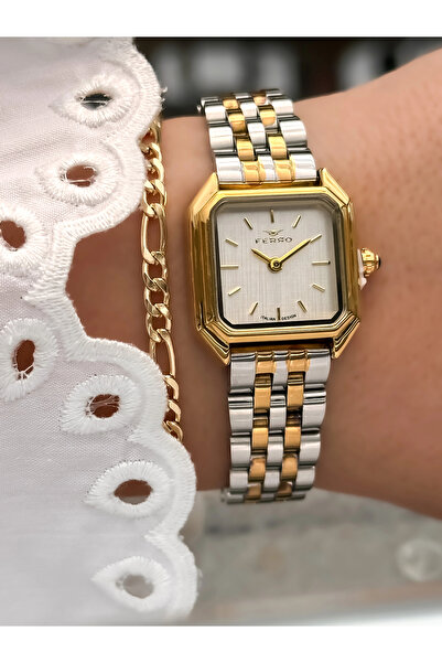FERRO ساعة يد نسائية بسوار فولاذي أصفر وفضي FM88210A-D ضمان لمدة عامين 3 ATM مقاومة للماء هدية