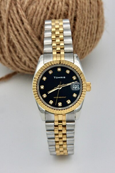 TOMRİS ساعة يد نسائية مصنوعة بالكامل من الفولاذ المقاوم للصدأ، مقاومة للماء، حزام أصفر وأبيض، قرص أسود