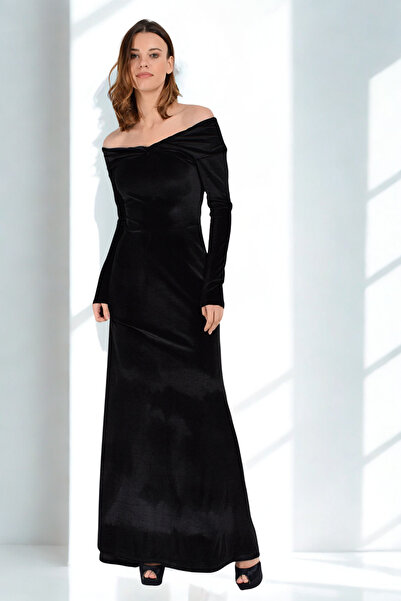 Laranor Kadın Siyah Madonna Yaka Uzun Kol Kadife Balık Abiye Davet Elbisesi 19L6712