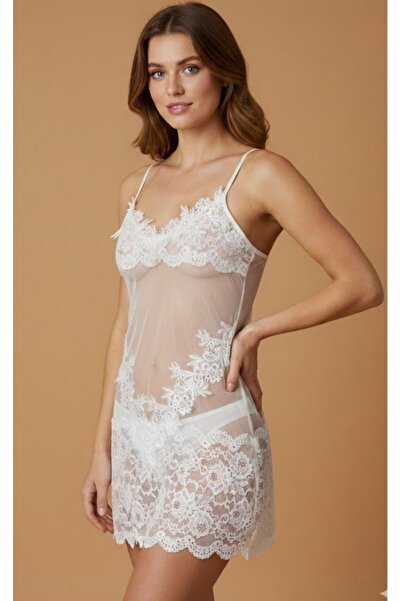 zau Dantel İşlemeli Şeffaf Tül Gecelik – Beyaz