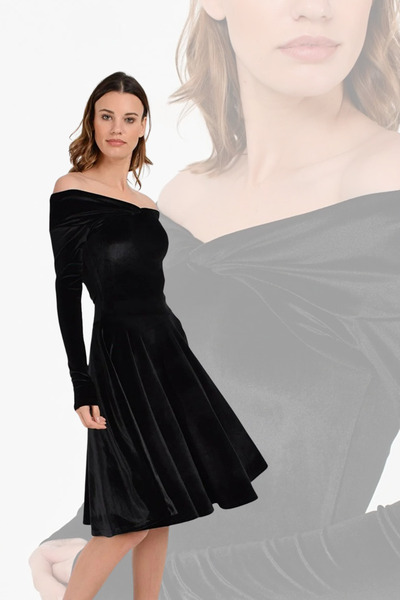 Laranor Kadın Siyah Madonna Yaka Kadife Hareketli Etek Detay Abiye Davet Elbisesi Gündüz Gece Şıklığı19L6713