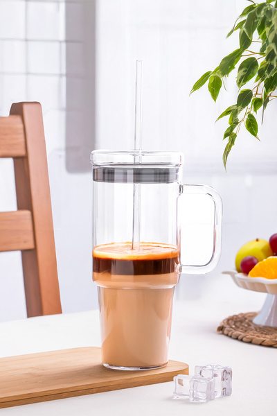 Porsima 3483 Vakumlu Kapaklı Pipetli ve Kulplu Bardak 900ml Cam Termos Mug