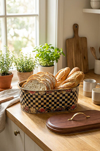 MAKRİ HOME وعاء خبز معدني - نمط زهور، إنتاج محلي، سلة خبز (34 سم × 19 سم × 16 سم)