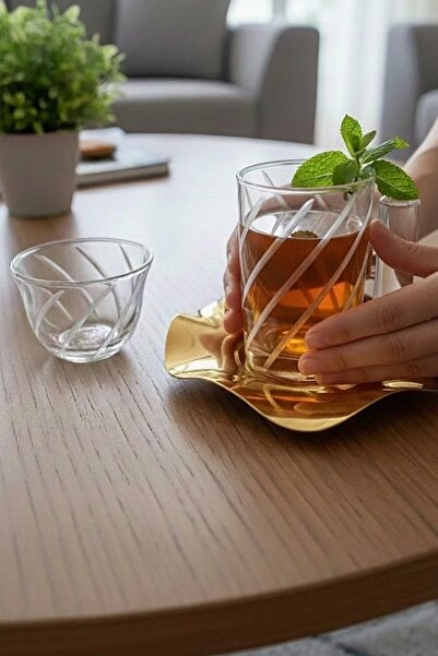 DECOSTYLE 18 Piece Modern Glass Tea Set with Decorated Steel Plates |   Premium Presentation Set