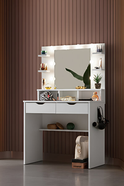 benim odam Diva Hollywood Led Işıklı Aynalı Raflı Çekmeceli Kulis Makyaj Masası