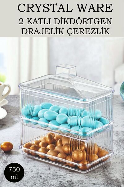 Crystal Ware 2 Katlı Şeffaf Dikdörtgen Drajelik, Çerezlik, Sunumluk 750 ml F122