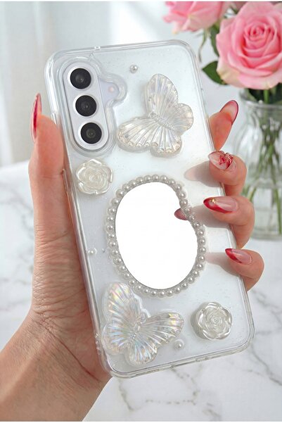 Fibaks Samsung Galaxy A56 Kılıf 3D Kelebek Gül Desenli Aynalı Simli Şeffaf Tasarımlı Silikon Kapak