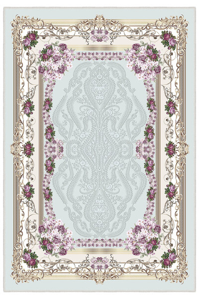 Homefesto Dekoratif Kaymaz Taban,güllü Ve Barok Desenli Açık Mavi Renk Özel T...