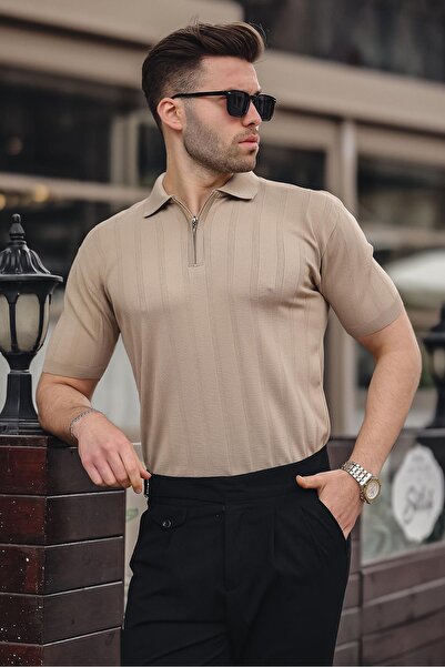 Madmext Men's Mink Polo Neck Zipper T-Shirt 6355