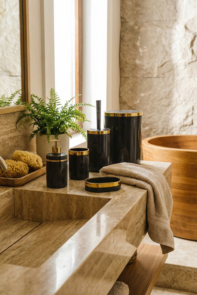 MAKRİ HOME 5 Piece Acrylic Bathroom Set, Stylish and High Quality Acrylic, Gold Color Detail, Gray Marble Pattern