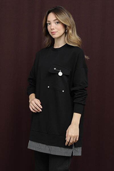 Puane Women's Black Colored Two Thread Combed Cotton Fabric Pocket Bronch Detailed Tunic 10720