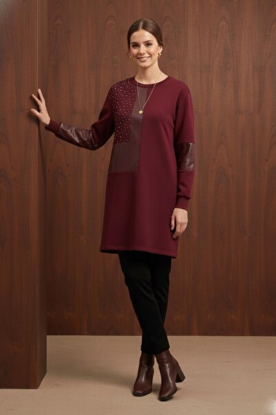 Puane Women's Stone Detailed Asymmetrical Tunic - 10738Tun - Burgundy
