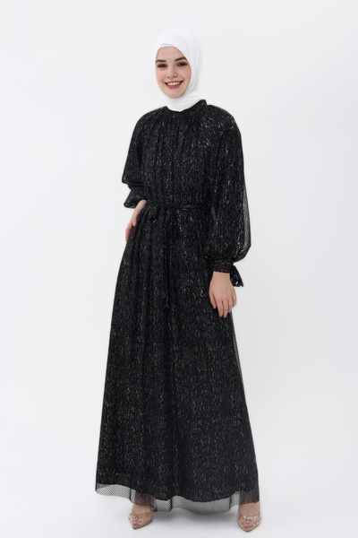 Asees Reglan Kol Kuşaklı Salaş Tül Elbise