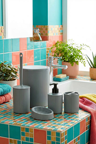 MAKRİ HOME طقم حمام أنيق باللون الرمادي مكون من 5 قطع، الحجم: 6 لتر