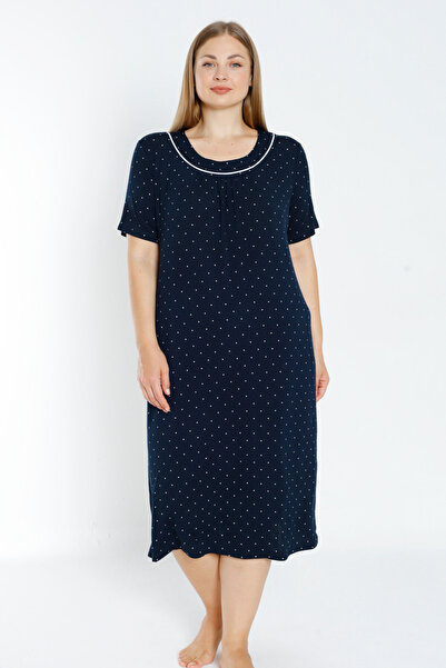 İntensive Lacivert Puantiyeli Biyeli Kısa Kollu Esnek Viskon Büyük Beden Gecelik