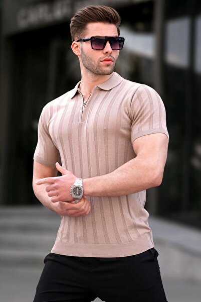 Madmext Tricou cu fermoar pentru bărbați, cu gât polo, 6355