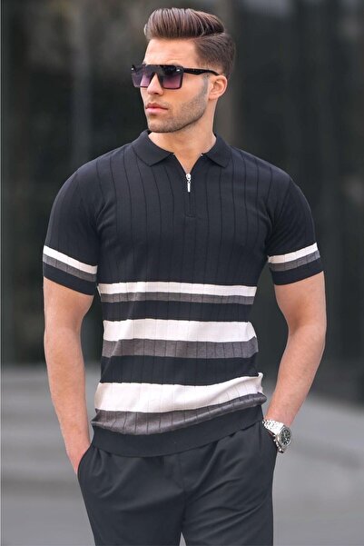 Madmext Tricot cu dungi negru cu guler polo 6356