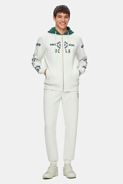 UCLA Ανδρικό αθλητικό παντελόνι MADOC Bone Color με ελαστικό πόδι με τύπωμα Standard Fit