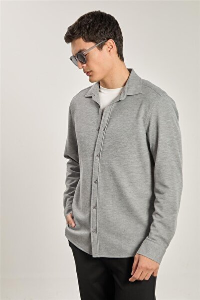 BARRELS AND OIL Men's Collared Buttoned Waffle Shirt - Gray Melange