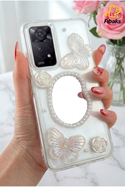 Fibaks Redmi Note 11 Pro&12 Pro 4G Kılıf 3D Kelebek Gül Desenli Aynalı Simli Şeffaf Tasarımlı Silikon Kapak