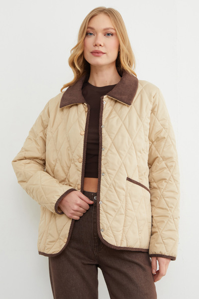 Fulla Moda Velvet Detailed Polo Collar Quilted Coat