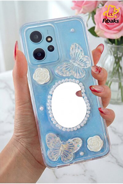 Fibaks Xiaomi Redmi Note 12 4G Kılıf 3D Kelebek Gül Desenli Aynalı Simli Şeffaf Tasarımlı Silikon Kapak
