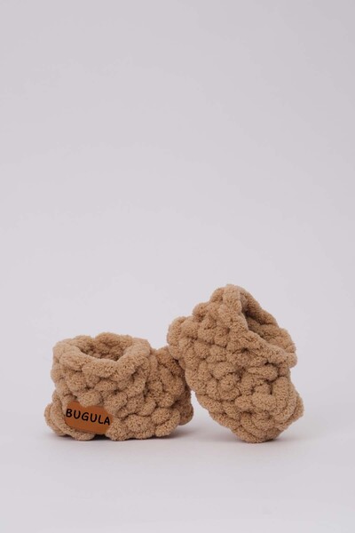 Bugula Yenidoğan Panduf Patik 0-3M Kahverengi Erkek Minimal Bebek Hediyesi Alize Puffy İp Örgü