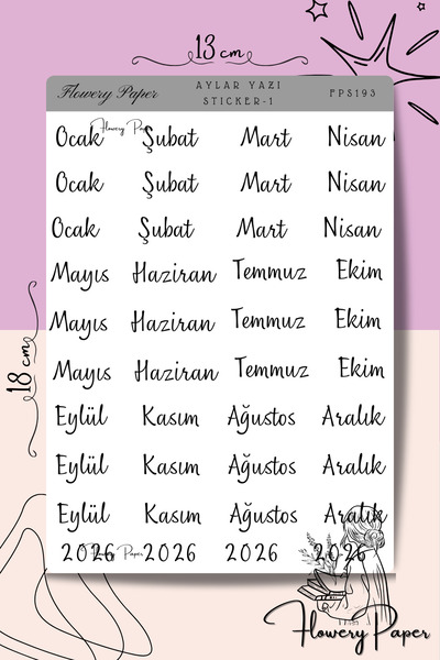 Flowery Paper Şeffaf Aylar Sticker Sayfası model 1 - Defter ,Ajanda , Journal...