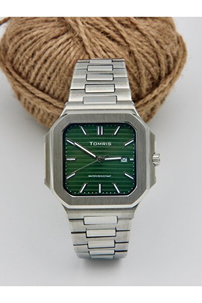 TOMRİS All Top Quality Steel,Waterproof,Silver Band,Green Dial Angled Wristwatch