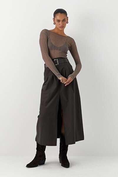 MARKALİSTE Front Slit Long Belted Skirt Anthracite