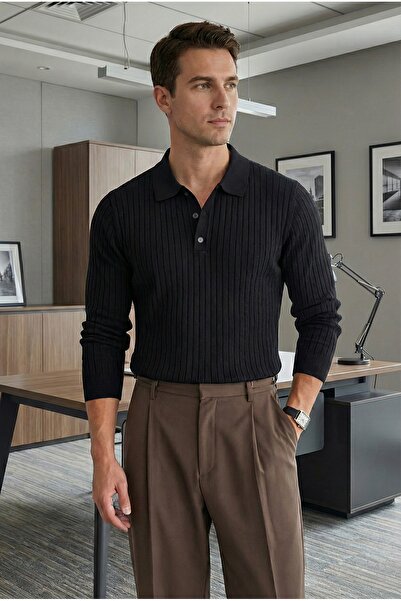 Tarz Cool Pánský pletený svetr s pololímečkem s černým knoflíkem