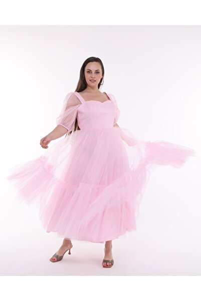 Asees Karina Kalp Yaka Parlak Tül Abiye Elbise