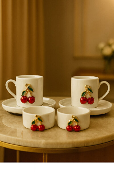 YzHome 2 Kişilik Porselen Kiraz Fincan Takımı Seti ve 2 Adet Porselen Beyaz Kiraz Lokumluk Sosluk